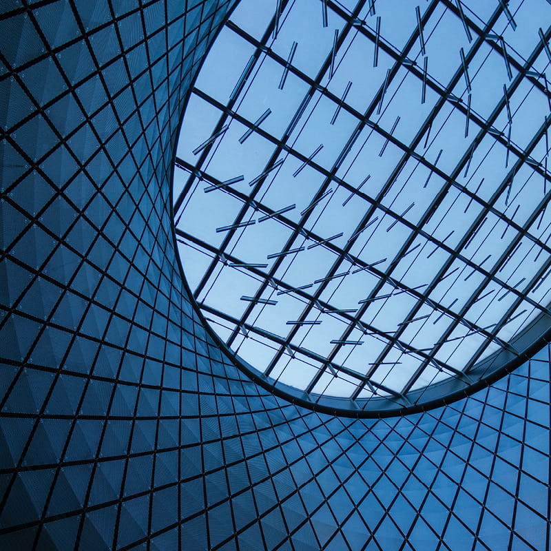 Glass ceiling showing blue sky