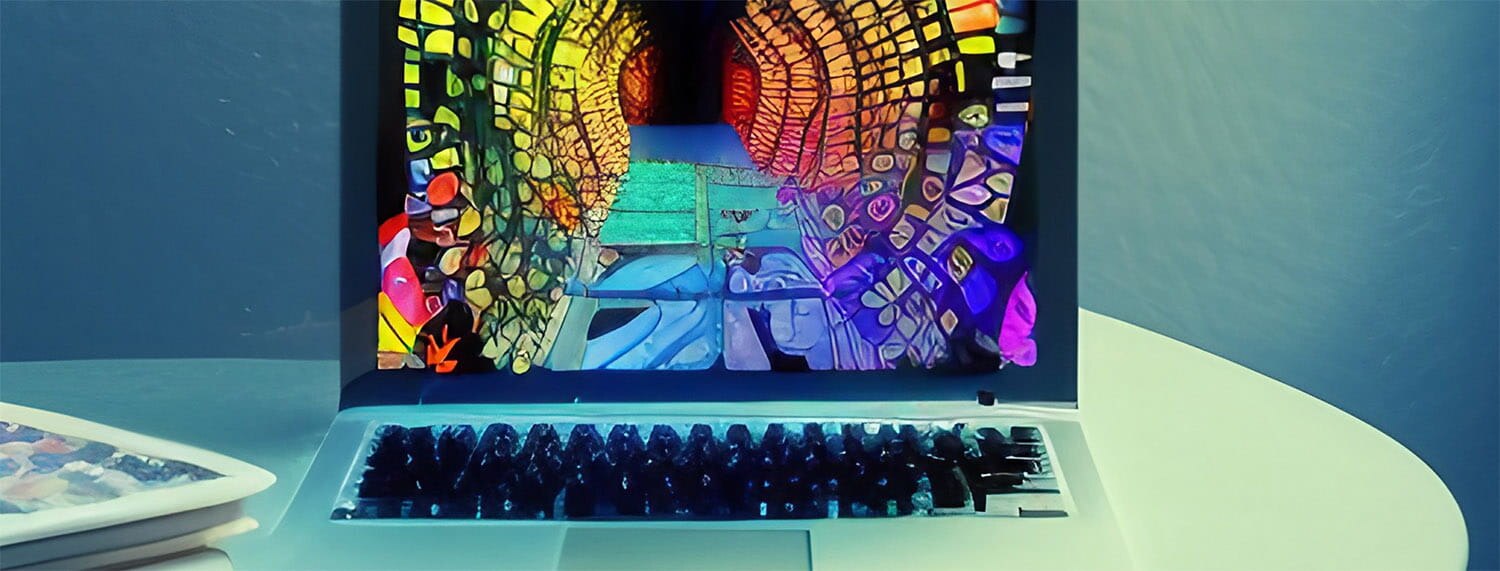 Open laptop with colorful desktop wallpaper
