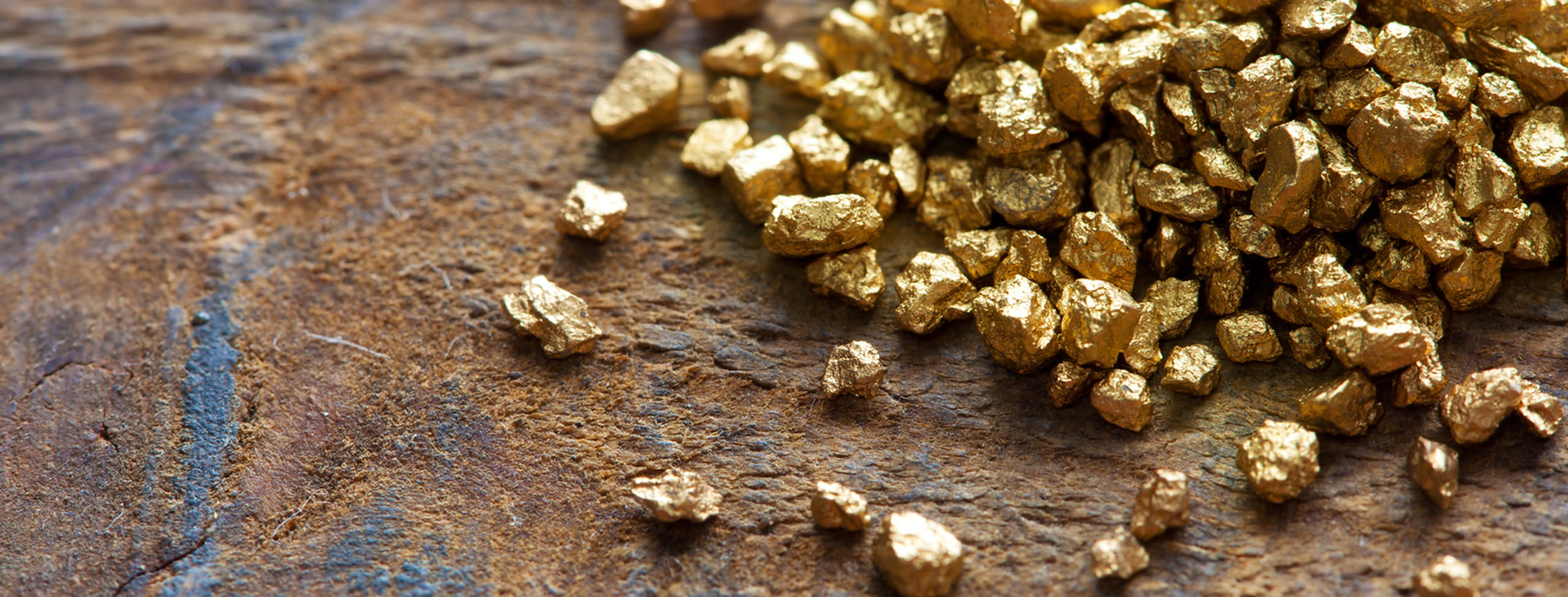 Gold nuggets on wooden work table