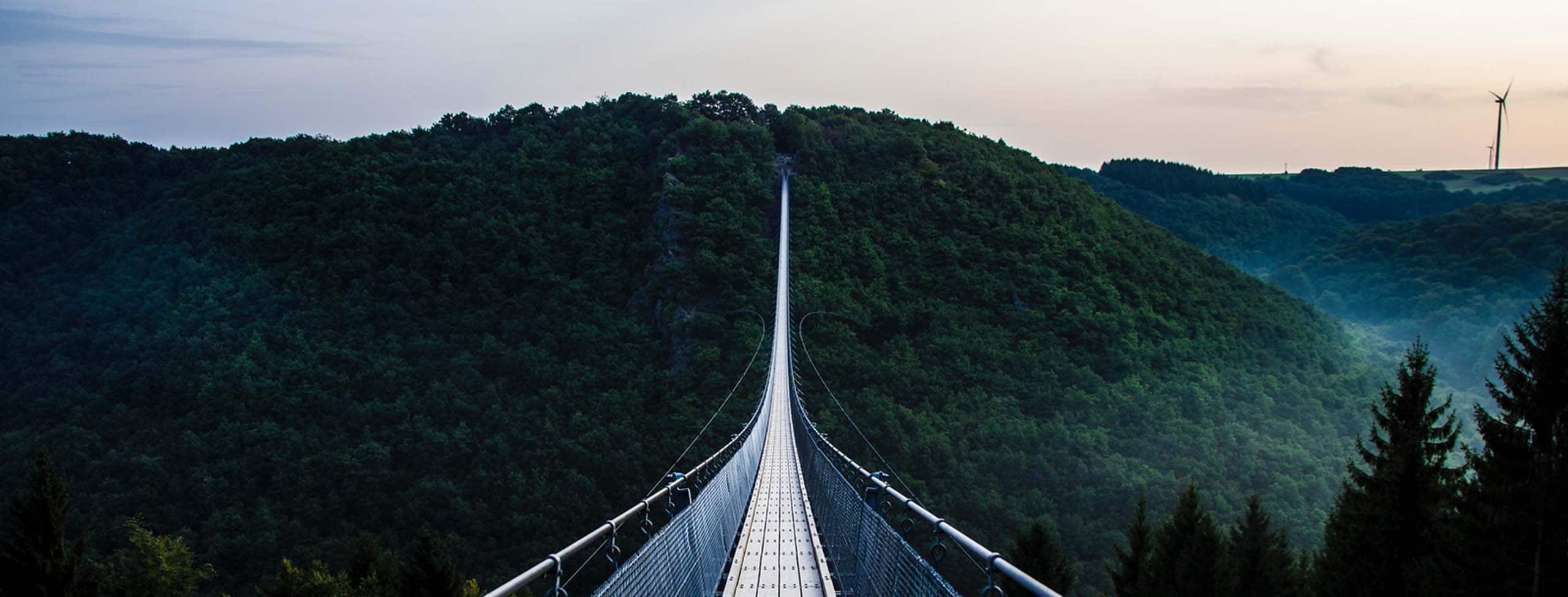 hanging bridge leading to a mountain